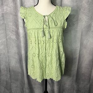 In Loom Sage Green Women's Eyelet Ruffle Sleeve Tie Neck Top - MED